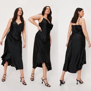 Nasty Gal Satin Cowl Neck Ruffle Midi Dress